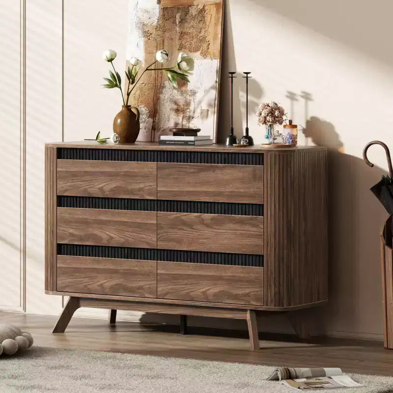 Modern Wood 6 Drawer Double Dresser Curved Roller Shutter Design Large Storage Chest of Drawers Bedroom Furniture Living Room Organizer