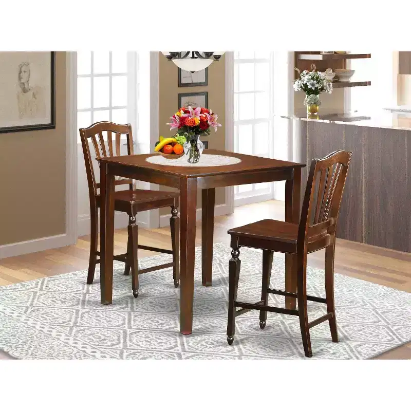 Counter Height Pub Set - 3 Piece Asian Style Table & Chairs - Small Space Dining Set - 36x36 Inch Mahogany