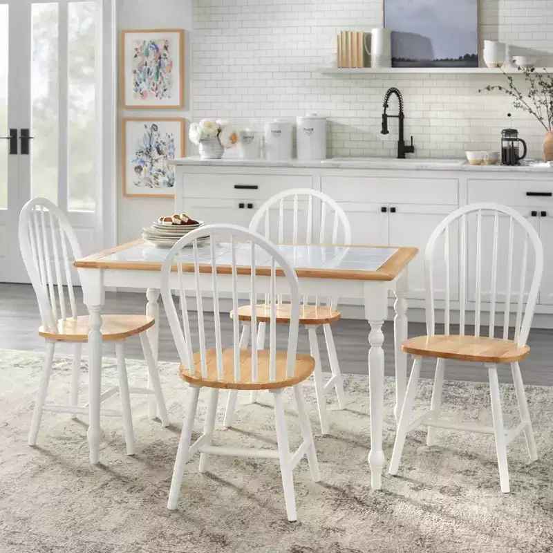 Buylateral 5pc Tara Farmhouse Tile Top Rectangular Dining Set with Spindle Chairs White/Natural
