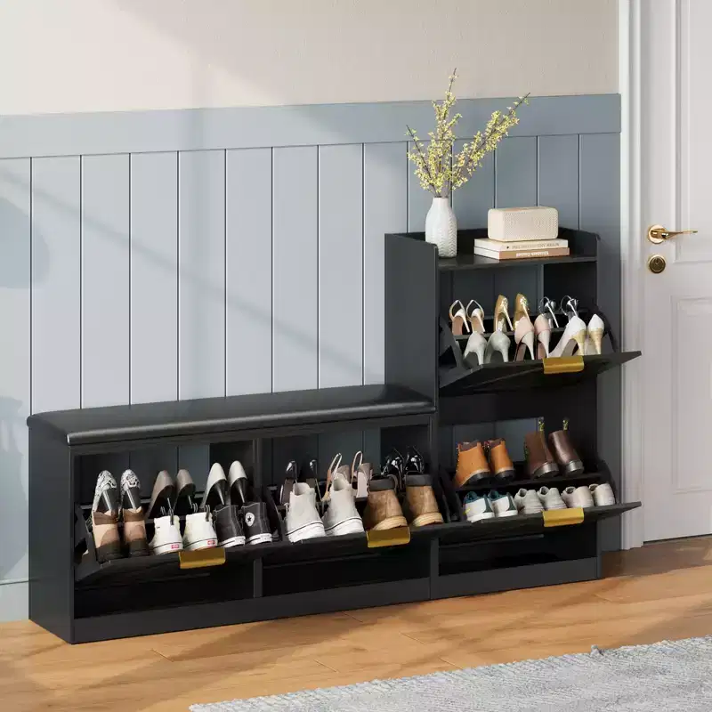 Farmhouse Shoe Cabinet with Bench, 4 Flip Drawers Entryway Shoe Storage Organizer with Comfort Cushioned Seat, Freestanding Shoe Rack Bench