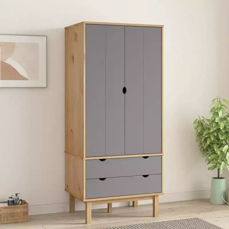 vidaXL Wardrobe Brown and gray Solid pine wood, engineered wood Standard