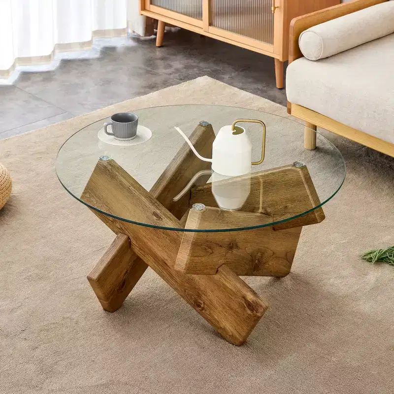 Modern Glass Coffee Table with Tempered Glass Top for Living Room, Wood