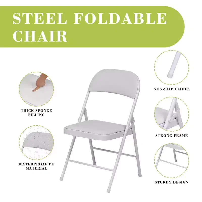 SUGIFT 4 Pack Folding Chairs with Padded Seats, Metal Frame with Pu Leather Seat & Back, White