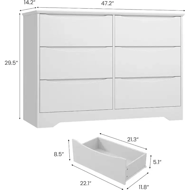 GustoWave Modern Closet, Wooden Storage Dresser with 6 Drawers for Bedroom, Living Room, Hallway, White
