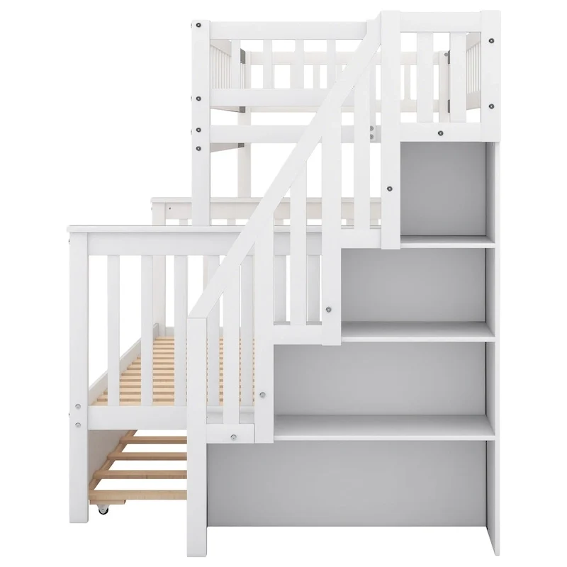 Twin over Full Bunk Bed with Trundle and Staircase,Gray