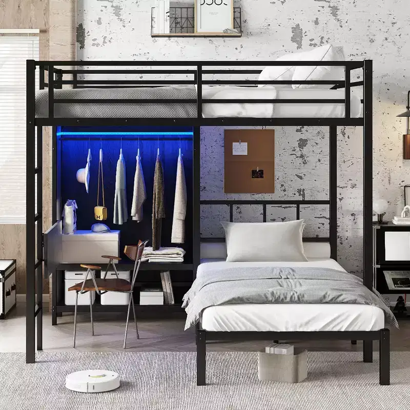 Full XL Over Twin Metal Bunk Bed with Folding Desk, Closet with LED, Space-Saving, Black