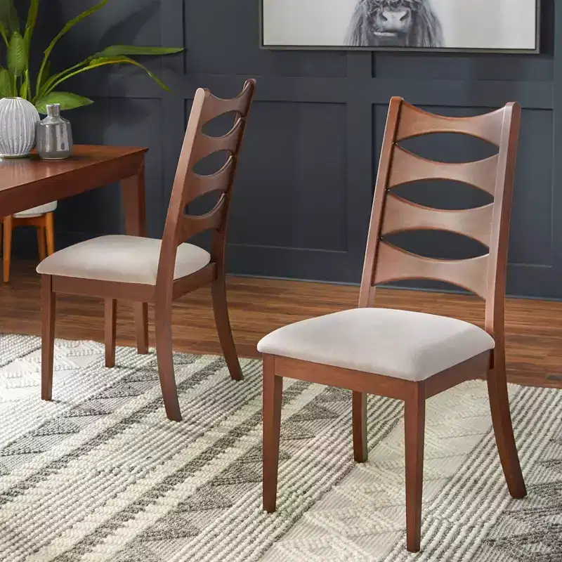 Lifestorey Set of 2 Lydon Modern Cutout Back Dining Chair Walnut/Light Gray: Mid-Century Modern, Rubberwood Frame, Linen Upholstery