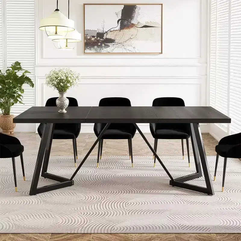 MAYEERTY 70.96 Inch Modern Dining Table Black Brown Wood Grain MDF Top Metal Iron Legs