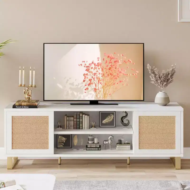 Brown Rattan TV Stand, Boho Style, Fits TVs up to 65