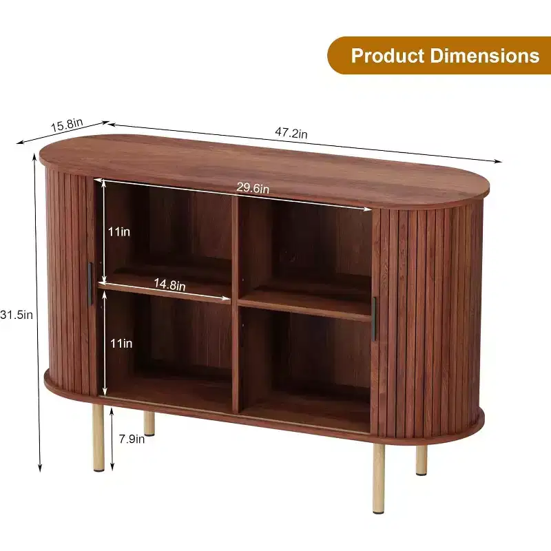 47 Fluted Sideboard Cabinet with Sliding Doors, Modern Wood Storage Cabinet w/Adjustable Shelves, for Living Room, Kitchen, Dining Room