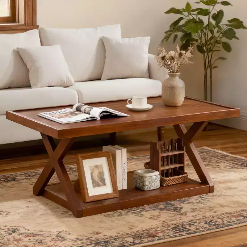 40 Solid Oak Coffee Table,2-Tier Modern Farmhouse Rectangle Center Table with Storage Shelf & X-Shaped Legs, Walnut Finish