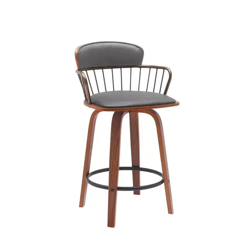 26 Gray And Wood Brown Faux Leather Swivel Low Back Counter Height Bar Chair