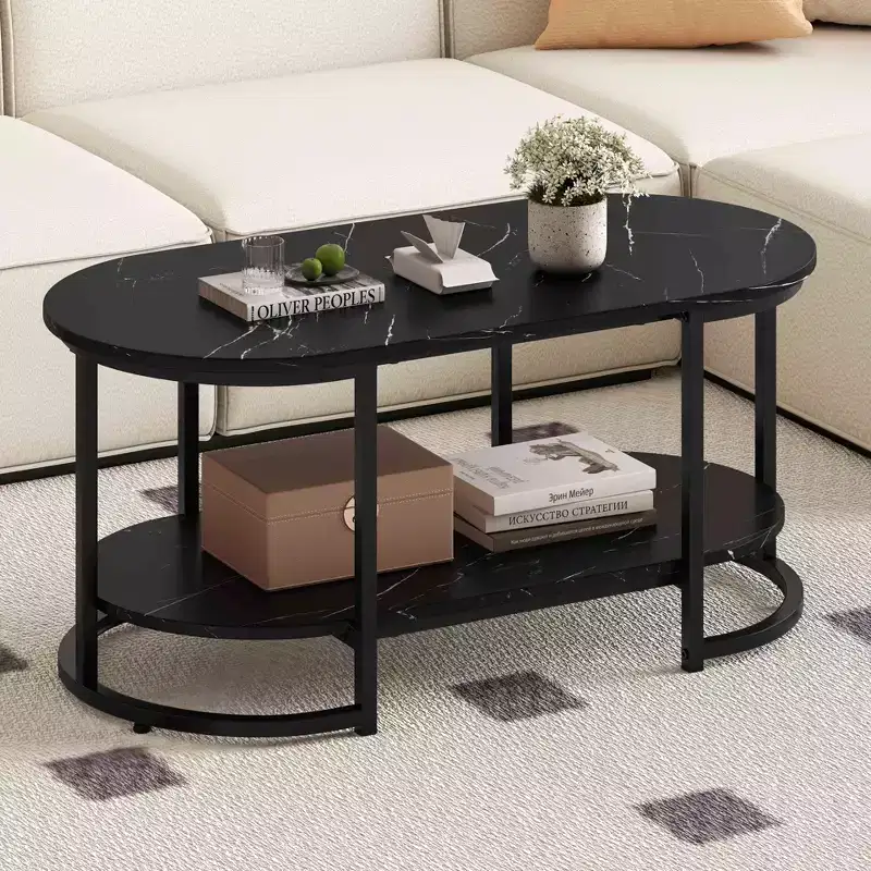 White Marble Coffee Table, Modern 2-Tier Center Table with Open Storage Shelf