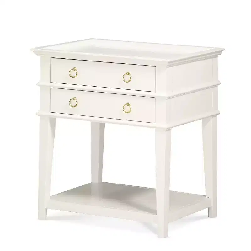 Clara Nightstand White: Recessed Top, 2 Drawers, Open Shelf, Painted MDF, Wood Frame