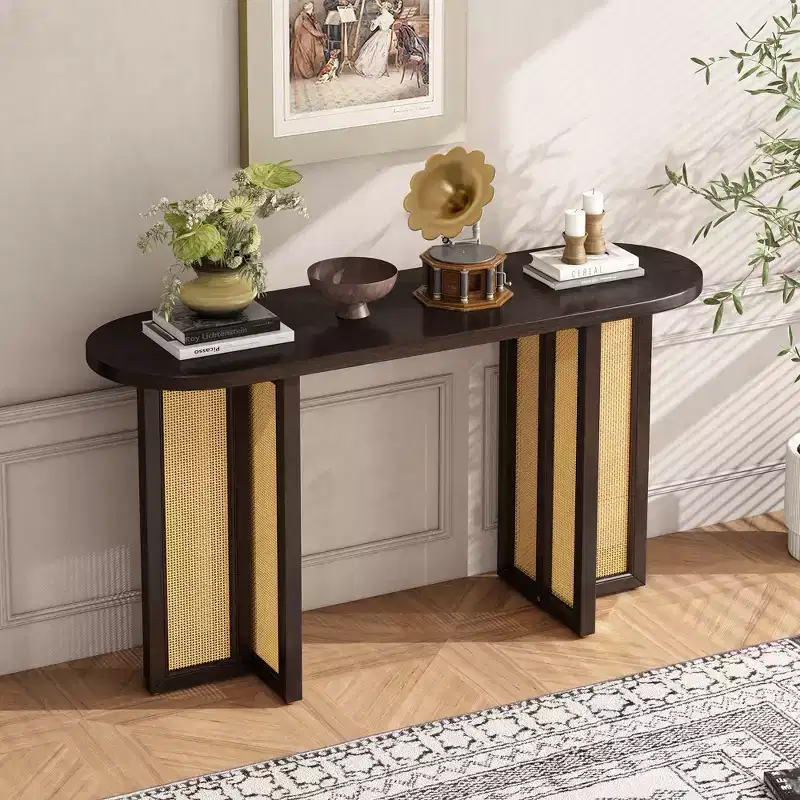 MAYEERTY Rattan Console Table Narrow with Storage for Living Room Hallway Espresso