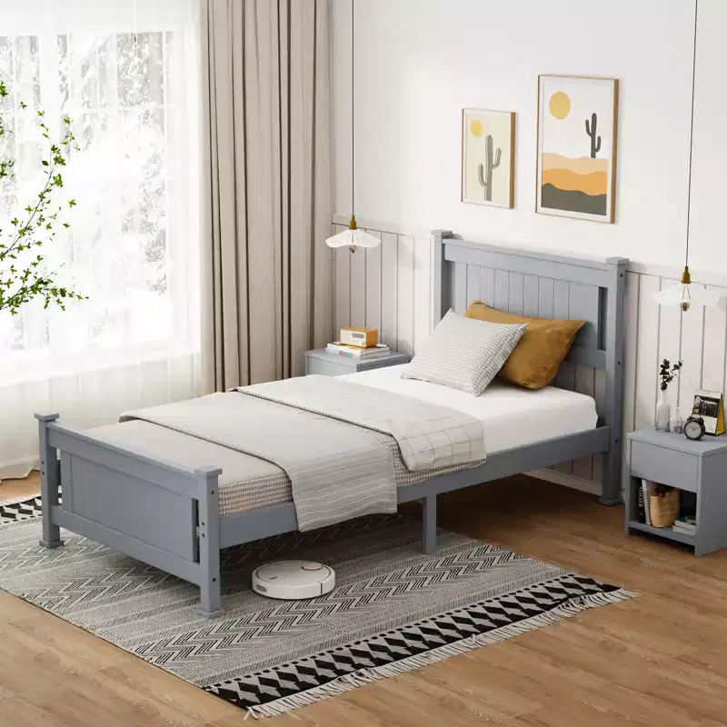 VINGLI Twin Bed Frame Solid Wood Platform Bed Frame, Single Panel Bed with Headboard, No Box Spring Needed Panel Bed, Wood Slat Support, Gray