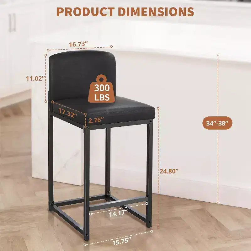 Bar Stools Set of 2, Counter Height 24.8 PU Leather with Back, Modern Upholstered Island Chairs with Metal Legs for Kitchen Island, Bar, Counter