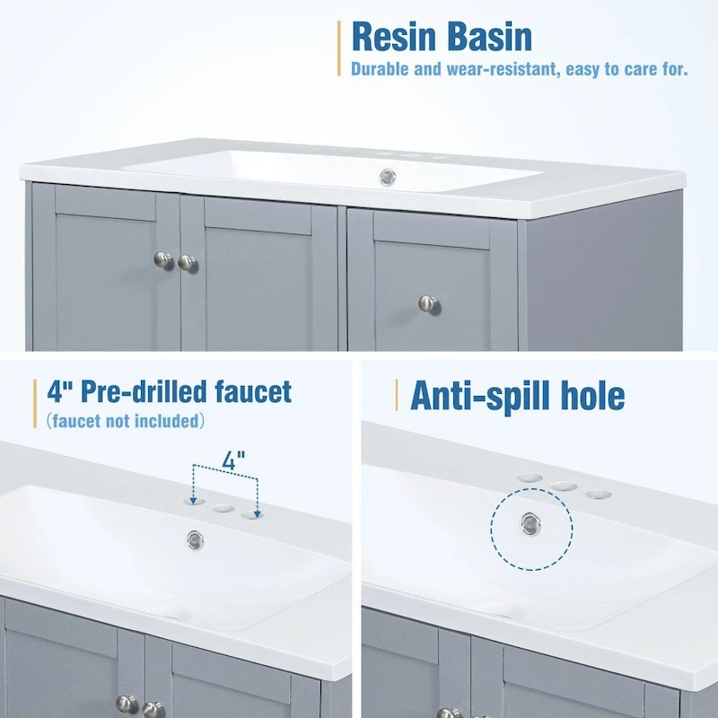 36 Inch Modern Bathroom Vanity with USB Charging and Single Resin top