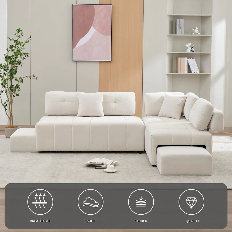 91.73 L-Shaped 4-Seat Sectional Sofa with 2 Hidden Stools, 2 Removable Lumbar Cushions, and Durable Chenille Fabric