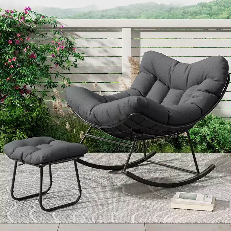 Oversized Lounge Chair with Footrest, Outdoor Papasan Rocking Chair with Ottoman and Sturdy Metal Frame, Patio Rattan Egg Rocker
