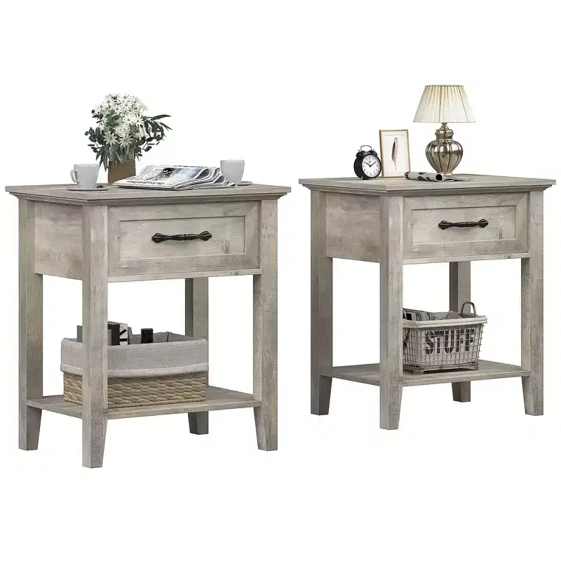 Bedside Table,2PCS End Table with Drawer, Nightstands Set of 2, 2 Tiers Storage Side Table with Dresser for Living Room, Bedroom, Dorm, Grey