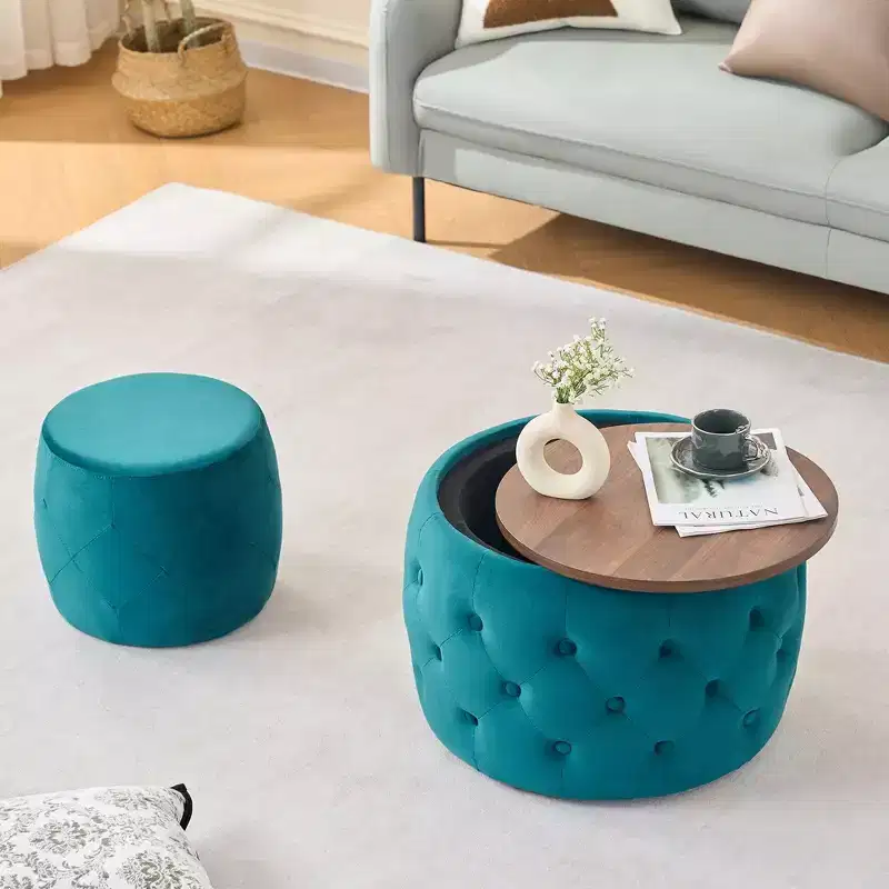 Okak Modern Nesting of 2 Velvet Fabric Storage Ottomans with Wood Tray,Upholstered Footstool & Round Coffee Table