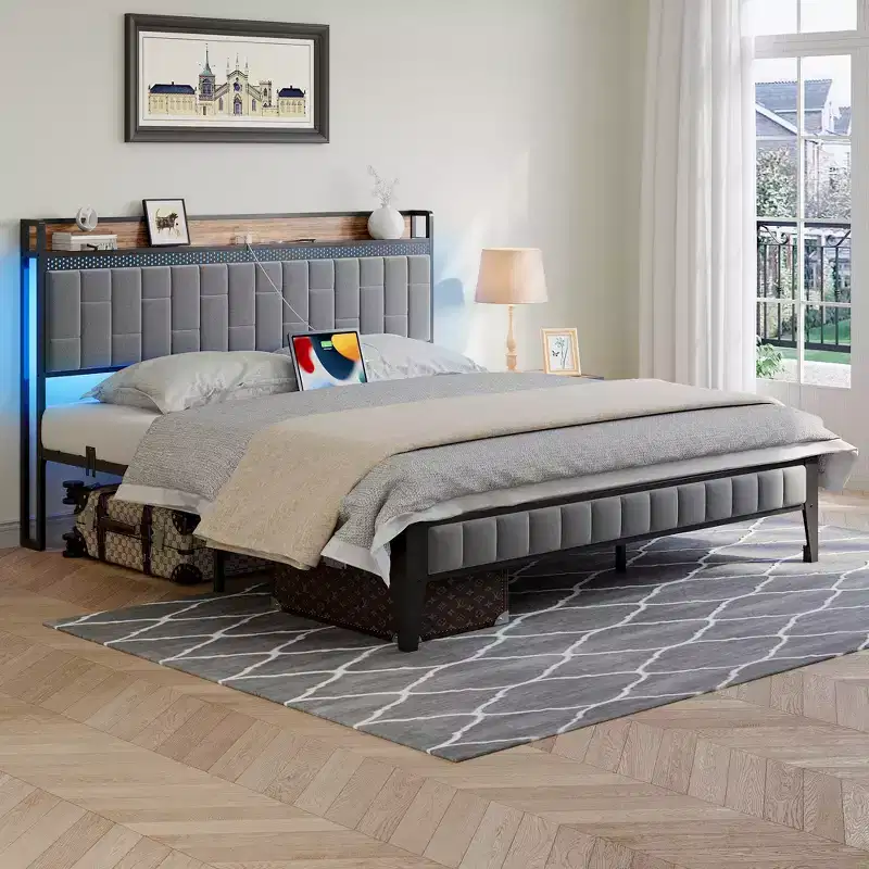Grey Linen Upholstered Platform Bed Frame with RGB LED Lights & Storage Headboard, For 1