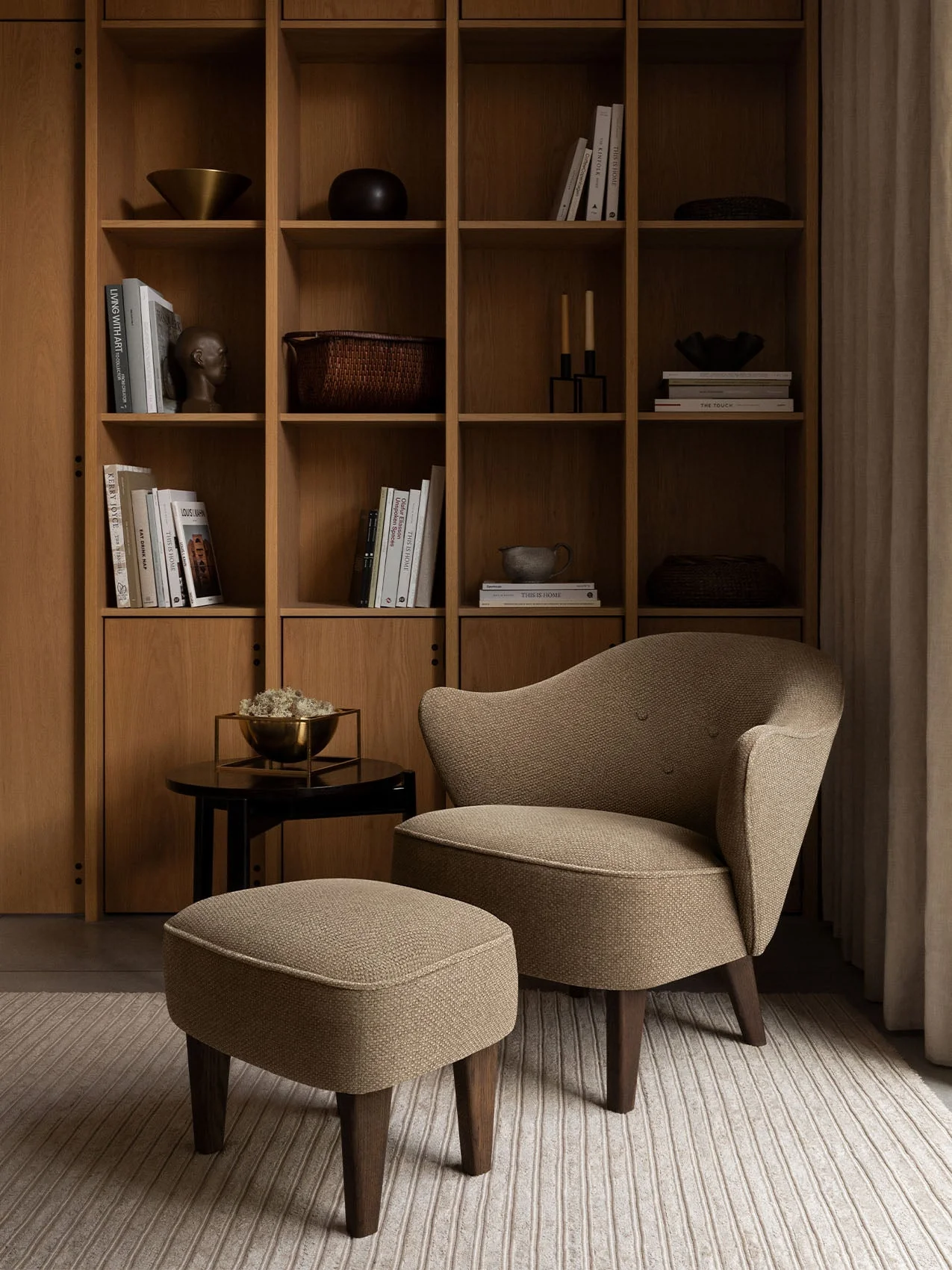 Textile Upholstered Lounge Chair with Sculptural Armrests for Living Room