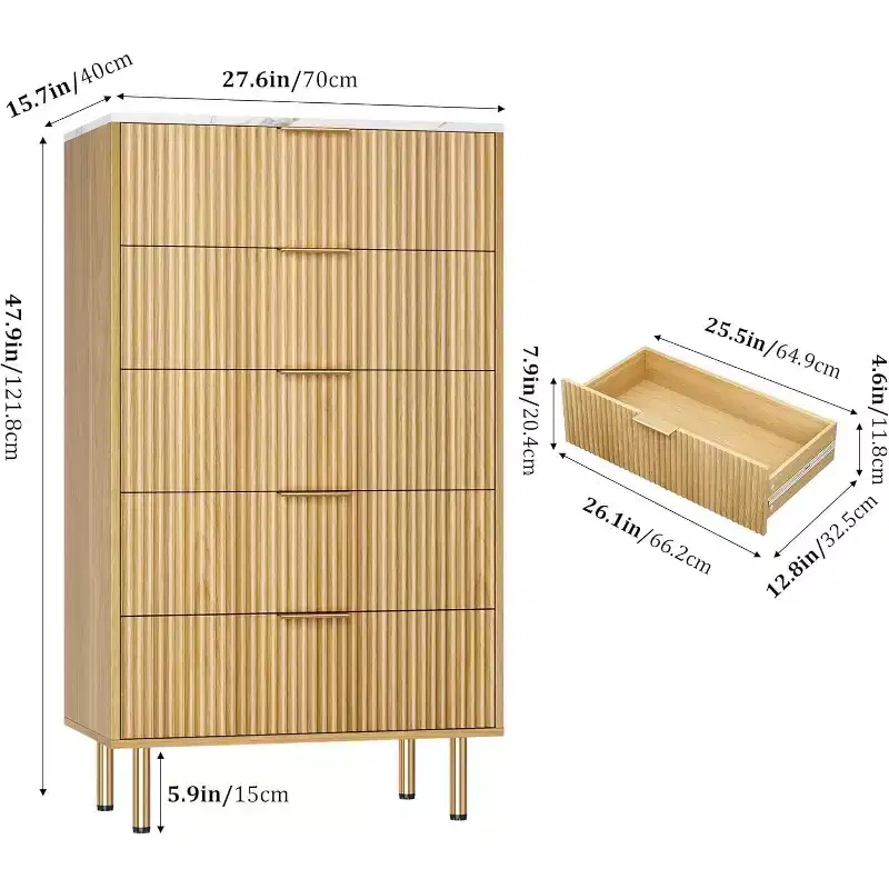 DobleePy 5-Drawer Oak Dresser with Faux Marble Top, Modern Fluted Wood Chest with Gold Handles for Bedroom, Living Room, Entryway, 48 Tall