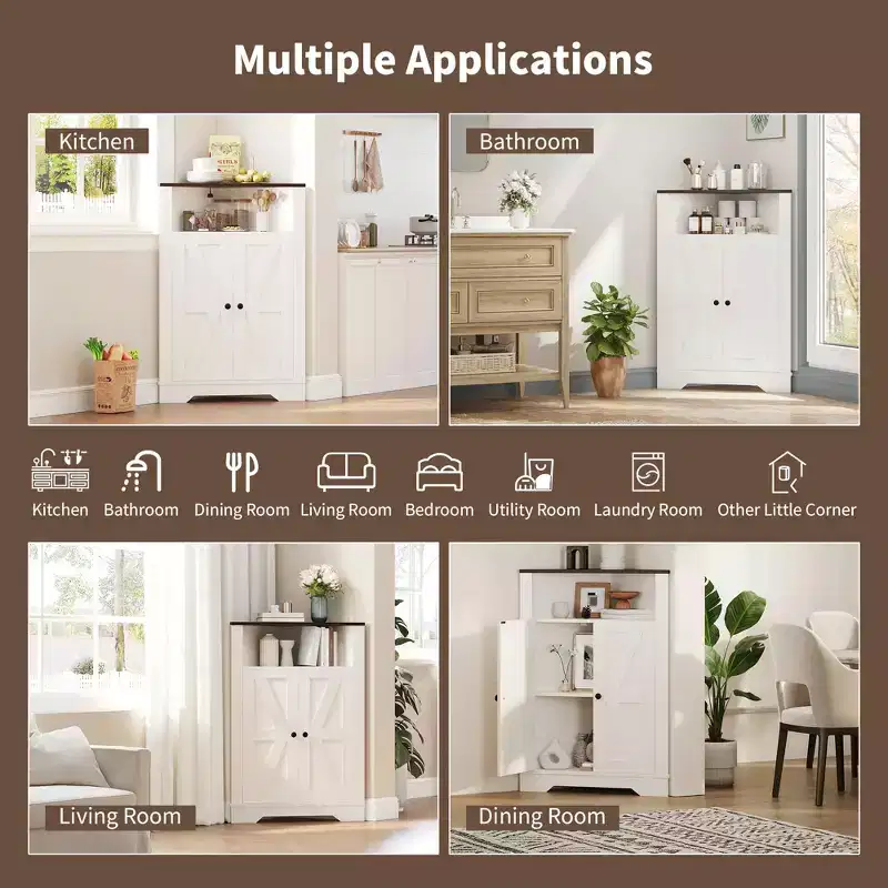 64.8 Tall Farmhouse Corner Cabinet with 4 Doors and 5 Storage Shelves, Farmhouse Storage Cabinet with Barn Door Design