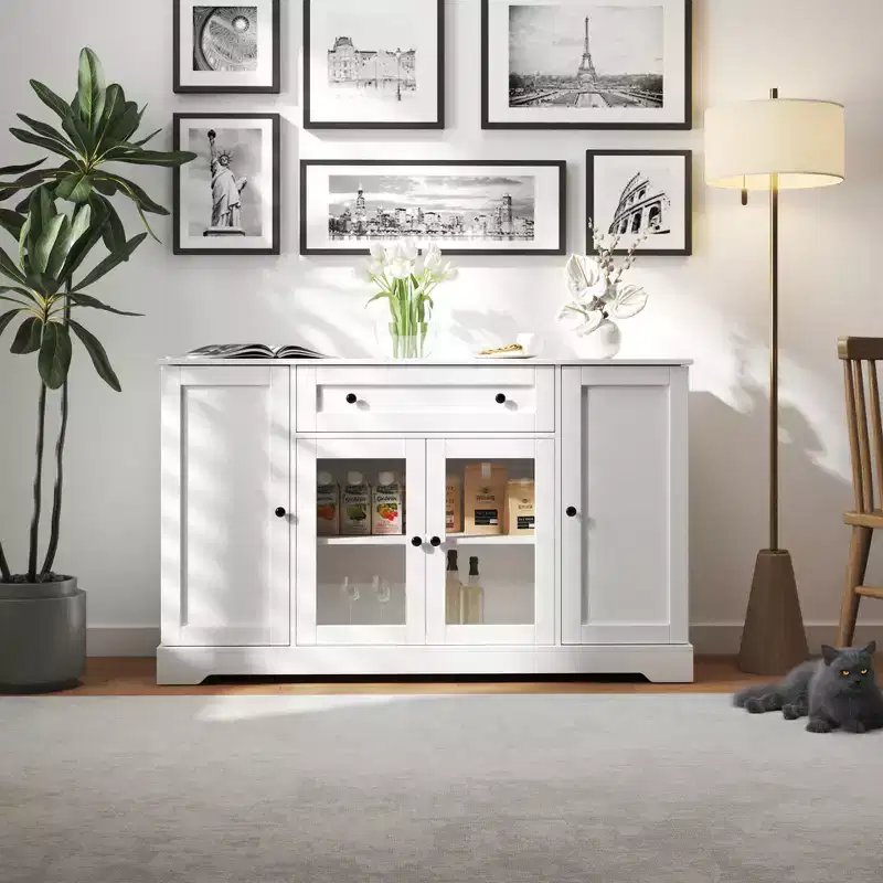 Farmhouse Sideboard Buffet Cabinet with Storage, Kitchen Storage Cabinet with Drawer & Adjustable Shelves for Living Room Hallway