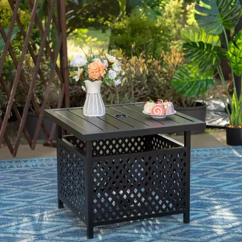 3pc Patio Dining Set with Small Square Table with Umbrella Hole & 360 Swivel Padded Sling Arm Chairs - Captiva Designs