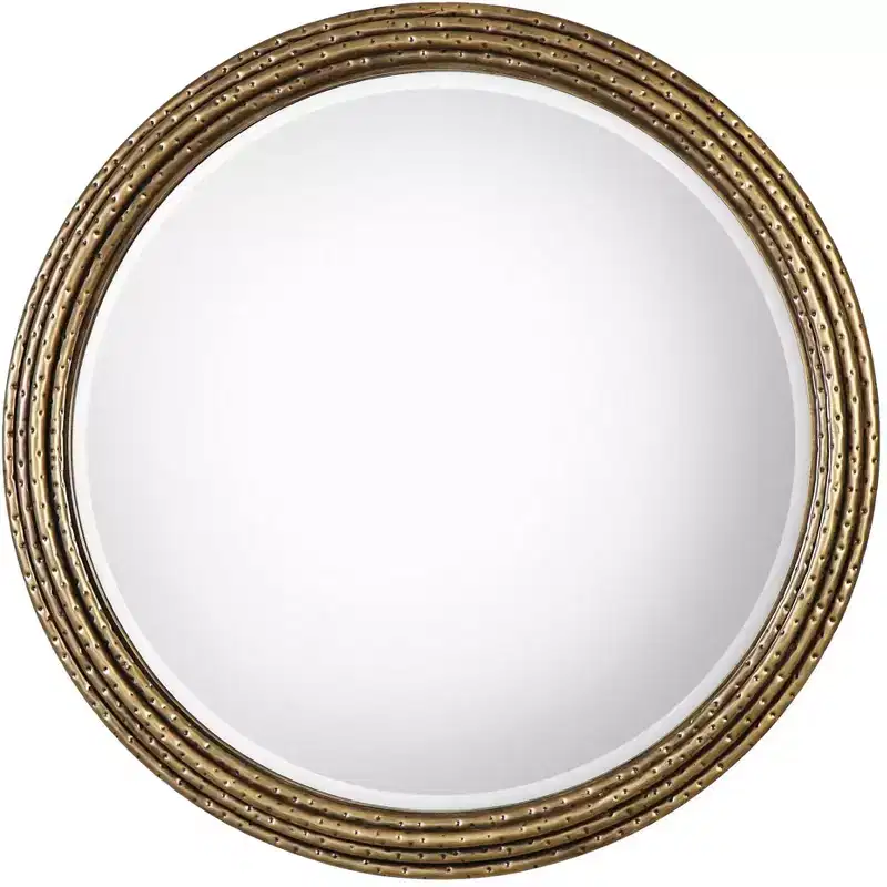 Round Vanity Decorative Wall Mirror Rustic Antiqued Gold Hammered Iron Frame 42 1/4 Wide Bathroom Bedroom Living Room