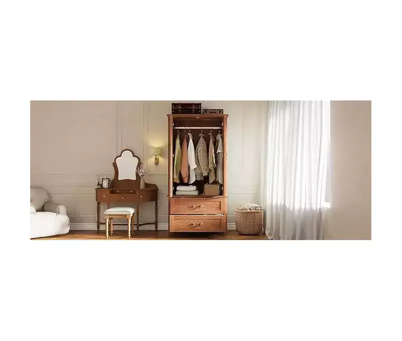 V Shape Armoire Wardrobe Closet with 2 Doors & Drawers, 71.06 Wooden Tall Bedroom Armoire Closet Cabinet with Hanging Rod, Freestanding Cabinet