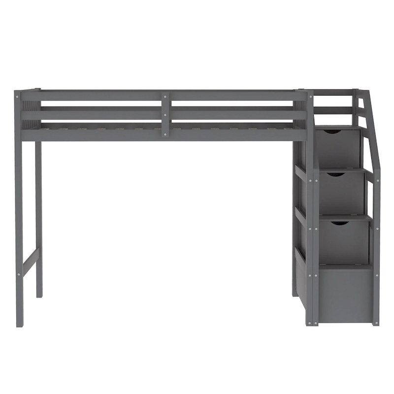 Twin Over Full Wood Loft Bed with Staircase,High Guardrails and Ladder