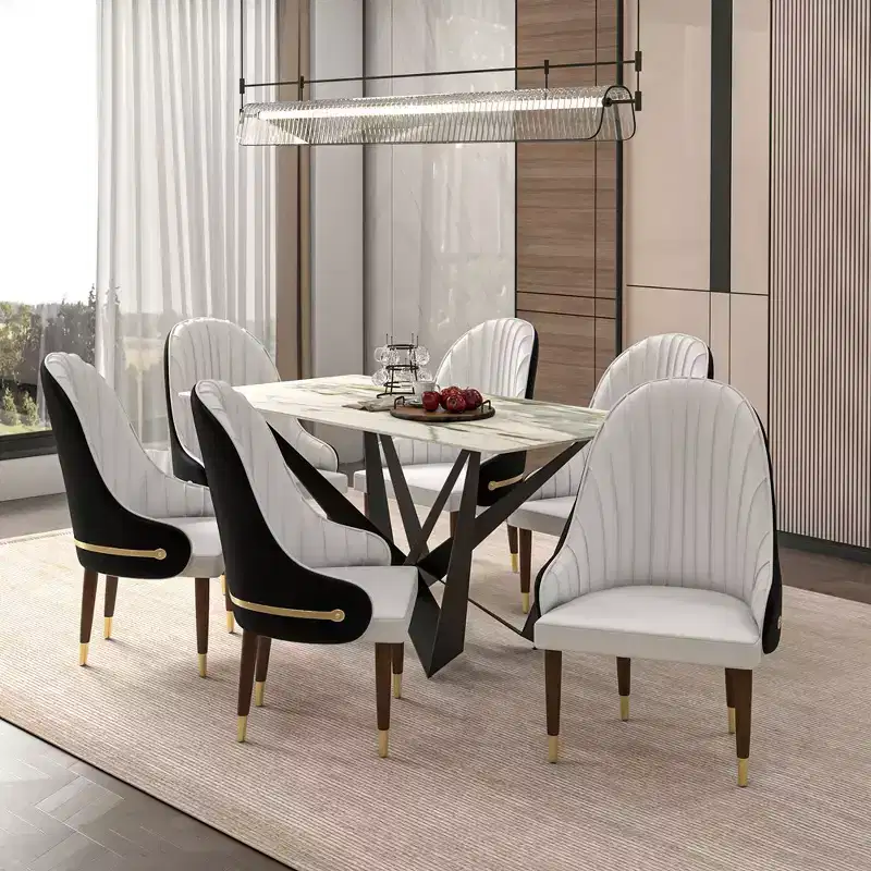 High-Back Dining Chair, Vegan Leather with Ripple Back Design and Gold Accents