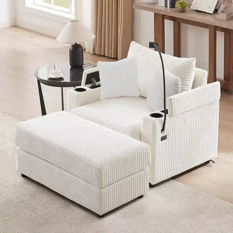41.7 Inch Modern Single Sofa with Storage Ottoman and Two Cup Holders for Living Room, Beige