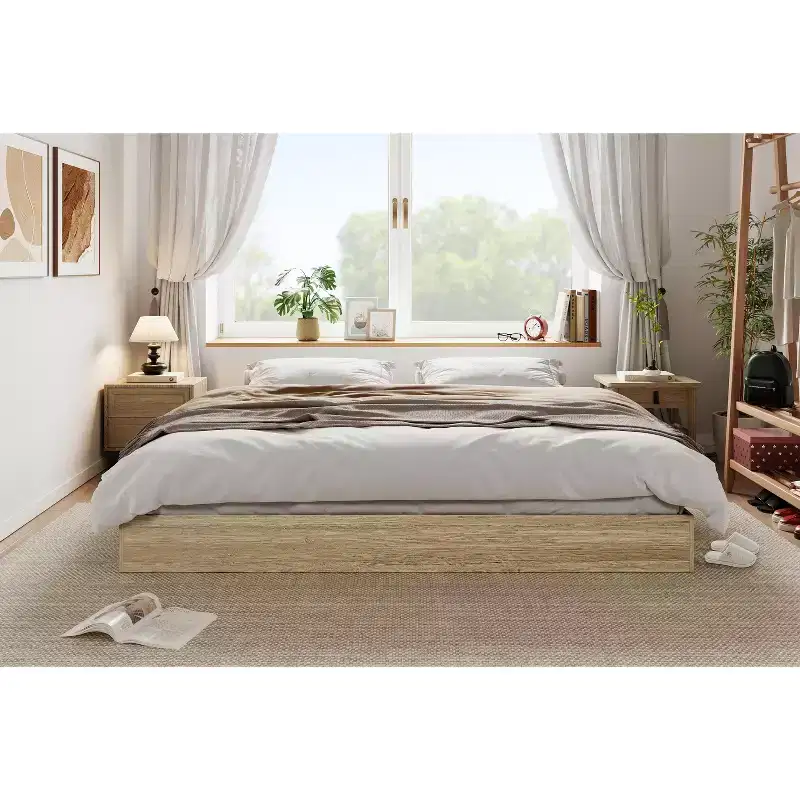 Twin Size Wooden platform bed, solid wooden slats, floor-standing bed frame, modern minimalist design, space-saving, no box spring required