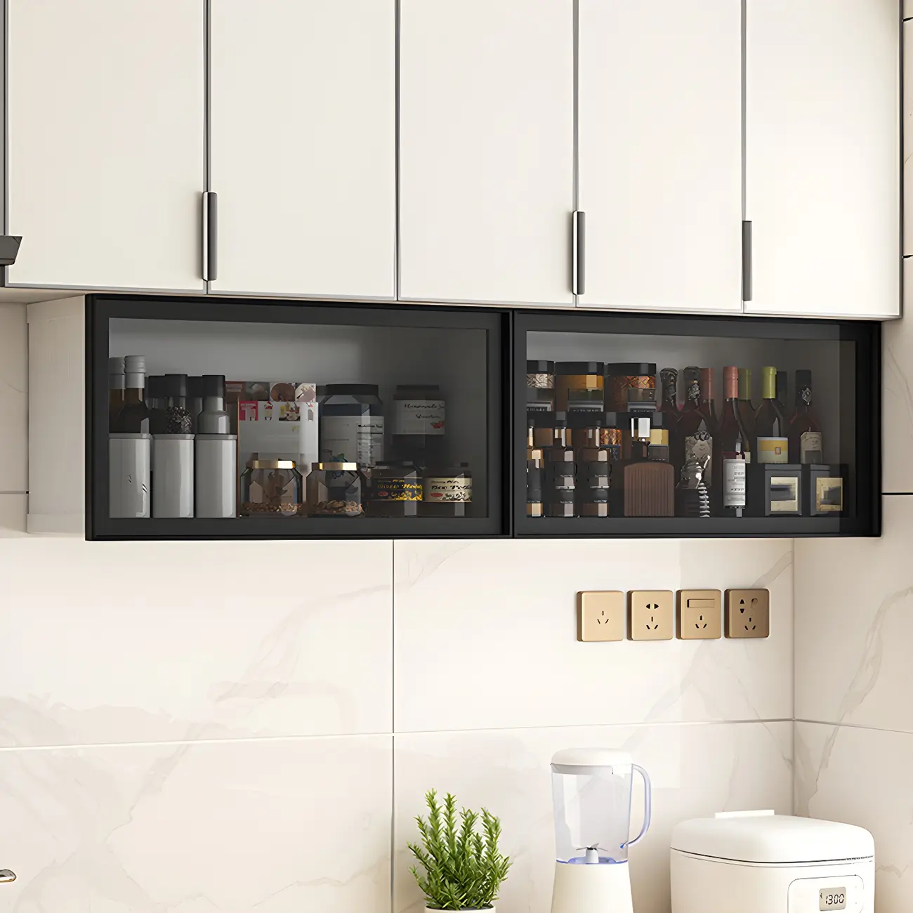 Grey Metal Floating Mounted Glass Kitchen China Cabinet