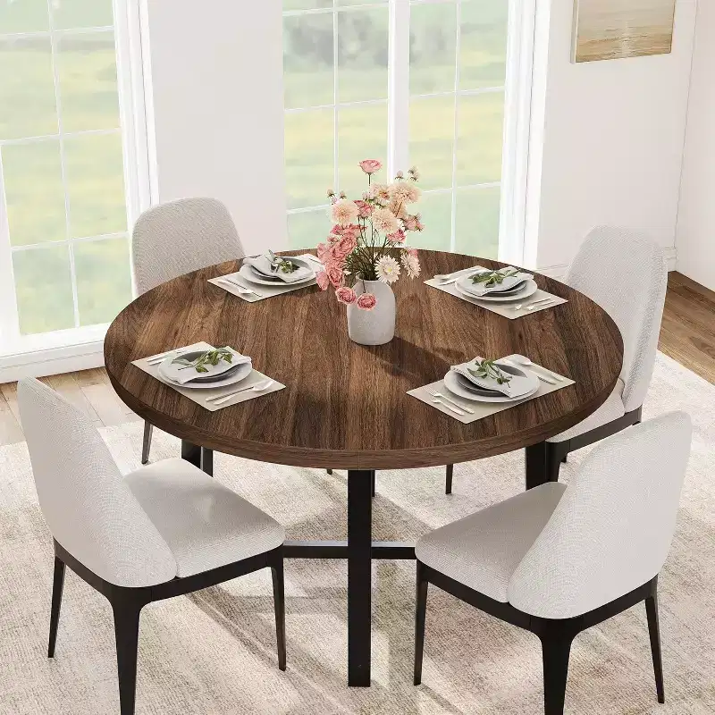 CuisinSmart 47.2 Round Dining Table, Industrial Dinner Table for 4 to 6, Wooden Kitchen Table with Sturdy Metal Frame & Rustic Finish