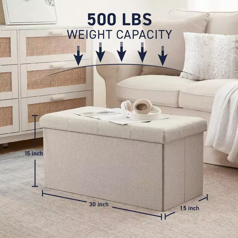Foldable Tufted Linen 30 Inch Bench Storage Ottoman