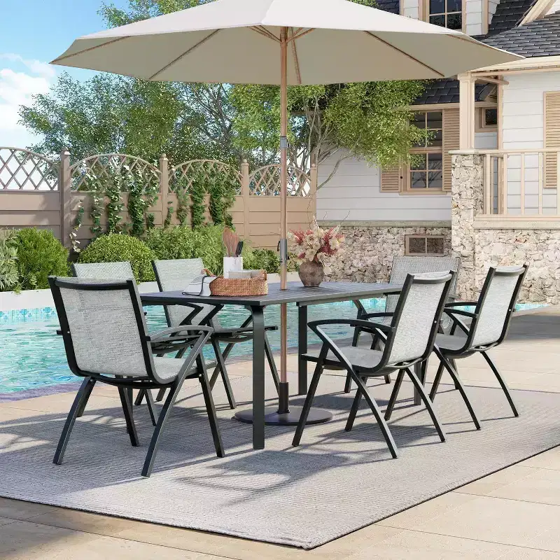 Acekool 7-Piece Patio Dining Set for 6, Outdoor Aluminum Dining Table and Chairs Set, Rectangle Table with Umbrella Hole, 6 Stackable Chairs