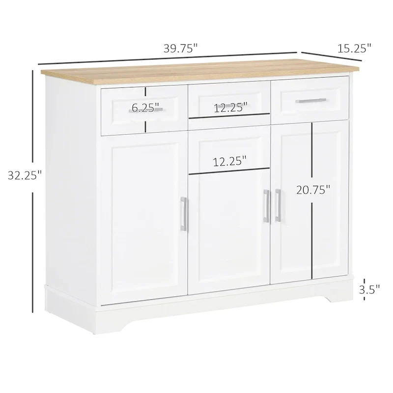 White Kitchen Sideboard Cabinet with 3 Drawers and Adjustable Shelf