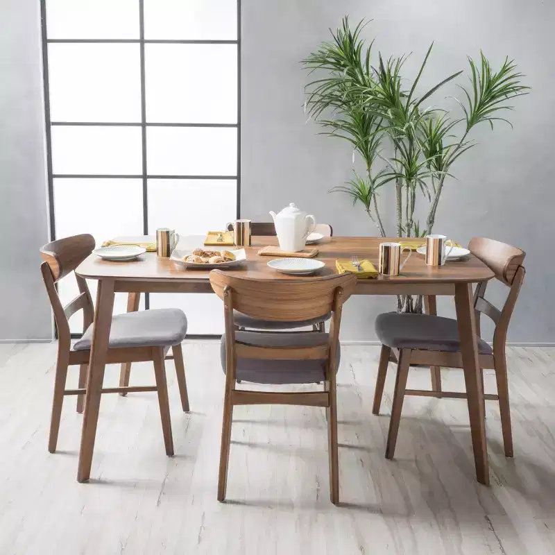 GDFStudio Dimick Mid Century Modern Fabric Upholstered Wood 5 Piece Dining Set