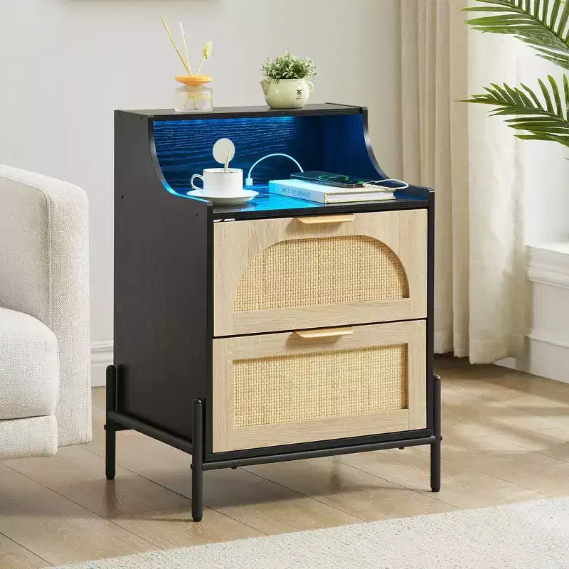 Wooden Nightstand Set of 2, Rattan Nightstand with Charging Station, USB Ports & Outlets, Modern Bedside Table with Rattan Drawer