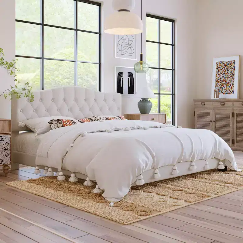 Full/Queen/King Size Upholstered Platform Bed with Saddle Curved Adjustable Headboard and Diamond Tufted, Wooden Bedframe for Bedroom