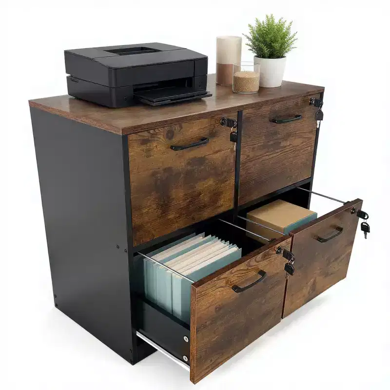 COZONY 4-Drawer Wooden File Cabinet, Locking Vertical Storage for A4/Letter, Rustic Brown & Black