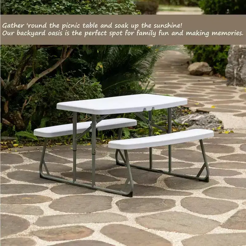 Foldable White Kids' Picnic Table Bench Outdoor Portable Children's Backyard Table, Crafting, Dining, and Playtime Patio Table