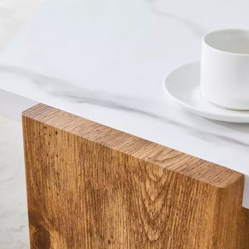 MAYEERTY White Coffee Table Faux Marble Top Triangular Wood Base, 31 Inch