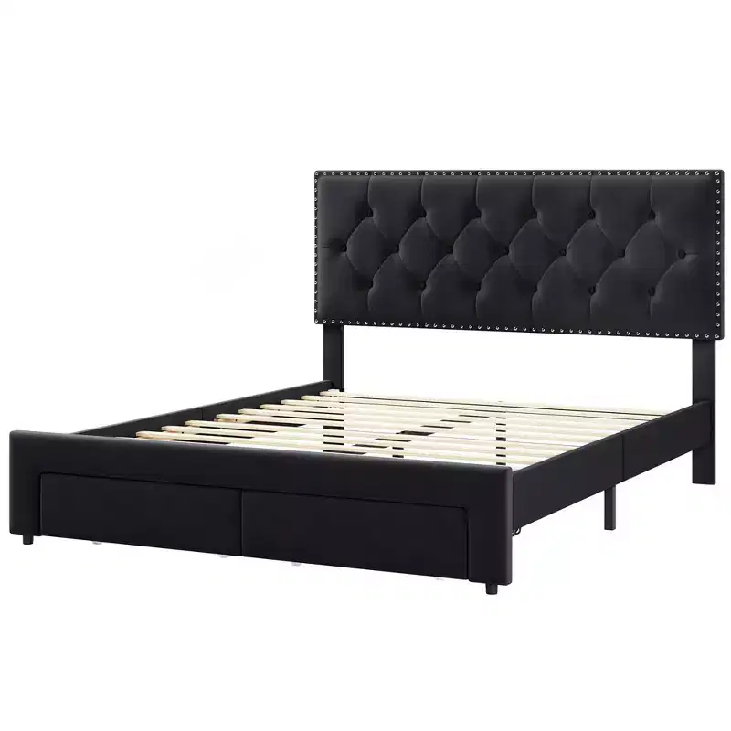 Bed Frame with 2 Storage Drawers,Vintage Velvet Headboard Wooden & Metal Bedframe,Wooden Slat Support, Noise Free, No Box Spring Needed